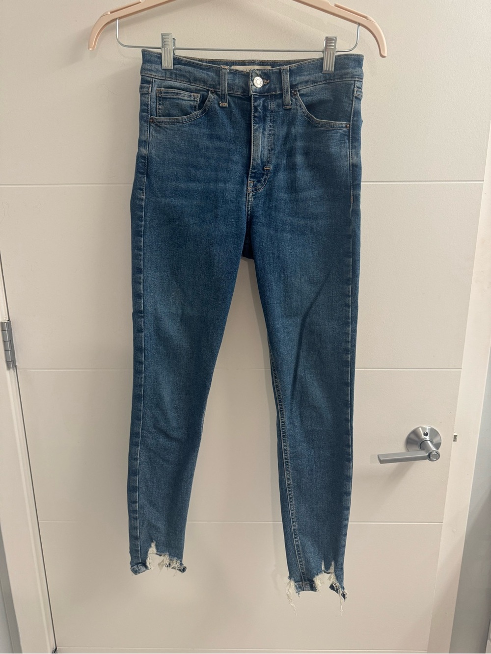 Topshop Blue Skinny Jeans with Frayed Hem